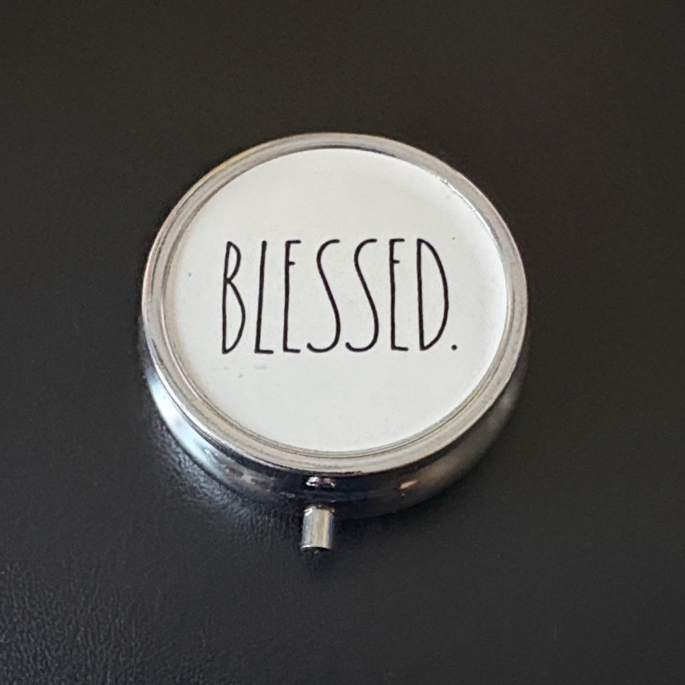 Silver Tone and White 'Blessed' Compact/Pill Mirror